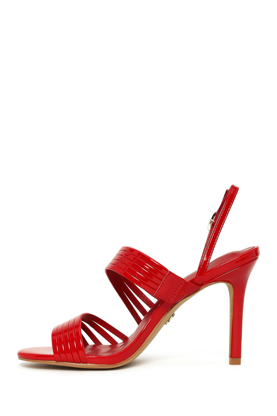 Woman Red Buckled Ankle Strap Slim High-Heeled Patent Leather Sandals