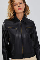 Hera Women's Black Short Leather Jacket | Derimod