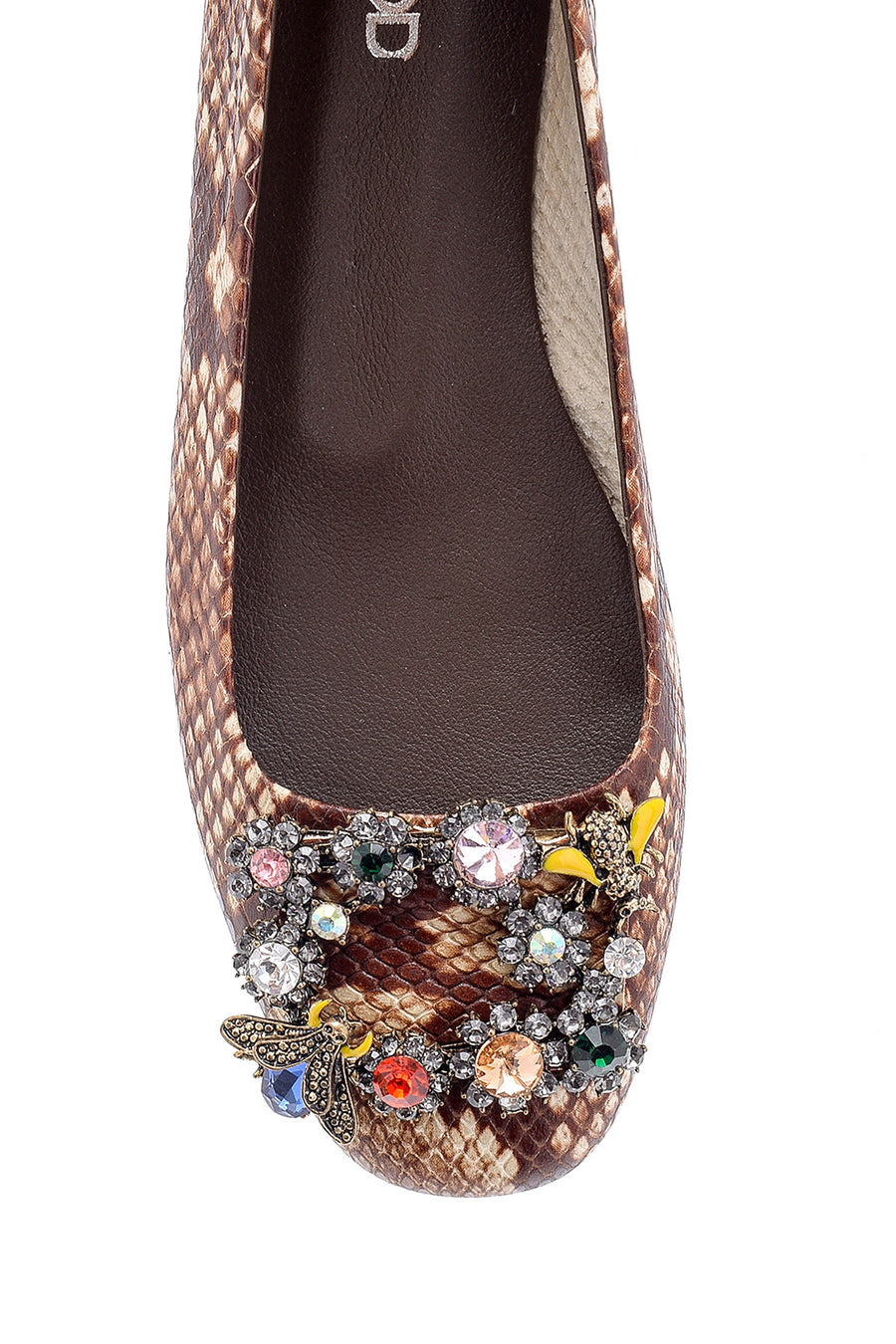 Women's Leather Snakeskin Patterned Stone Ballerinas