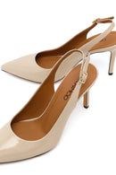 Women's Cream-Colored, Open-Back, Thin-Heeled Patent Leather Shoes with Ankle Buckle | Derimod