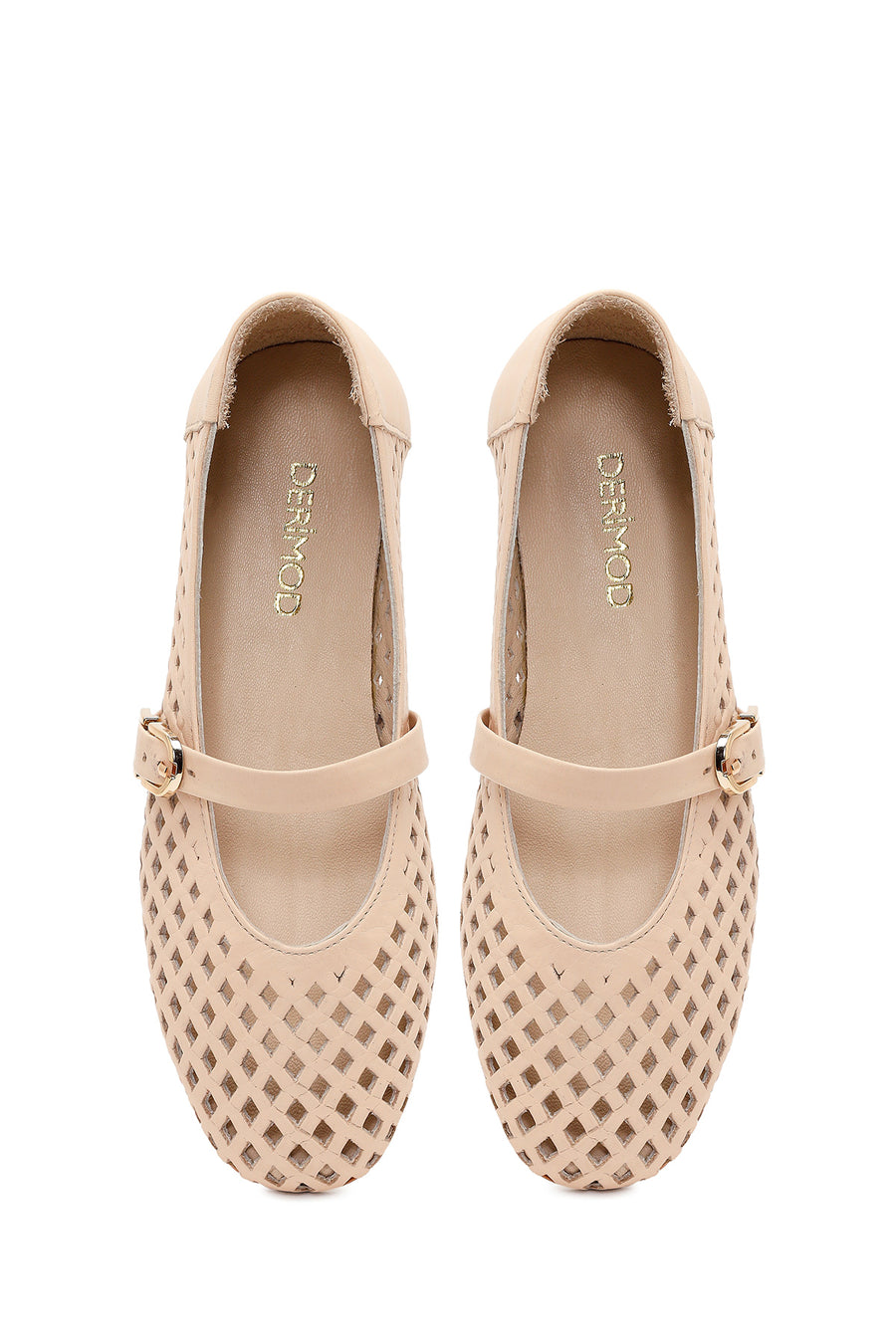 Women's Beige Buckled Leather Ballerinas