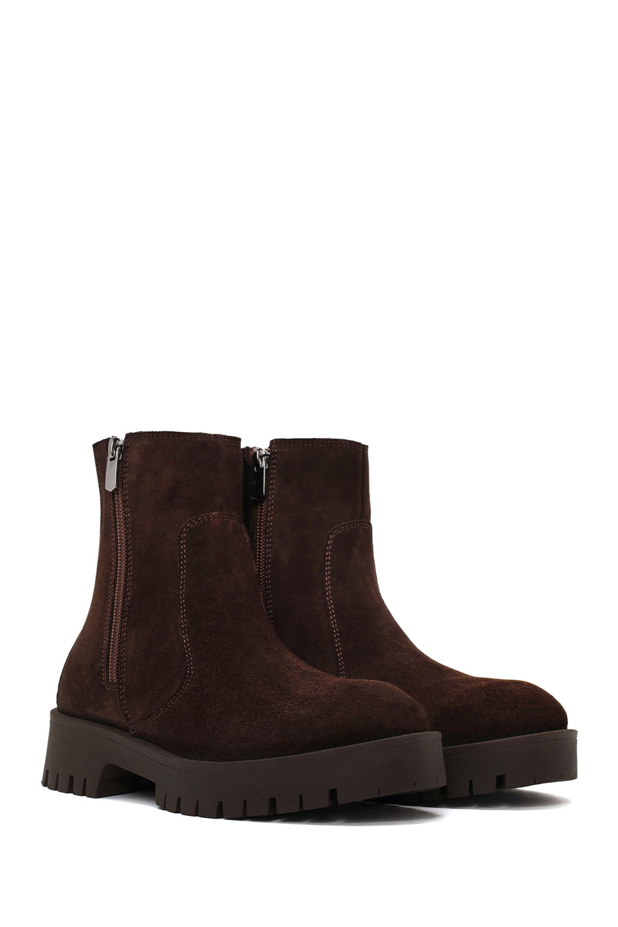 Woman Brown Double Zip Closure Suede Boots