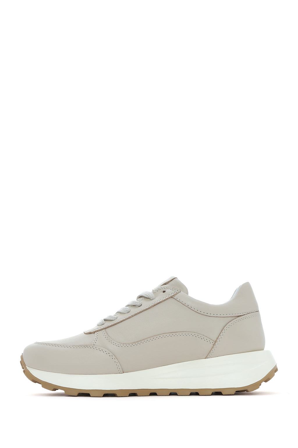 Kadın Bej Bağcıklı Yandan Fermuarlı Deri Sneaker