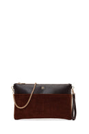 Woman Brown Suede Clutch Bag with Long Chain Strap | Derimod