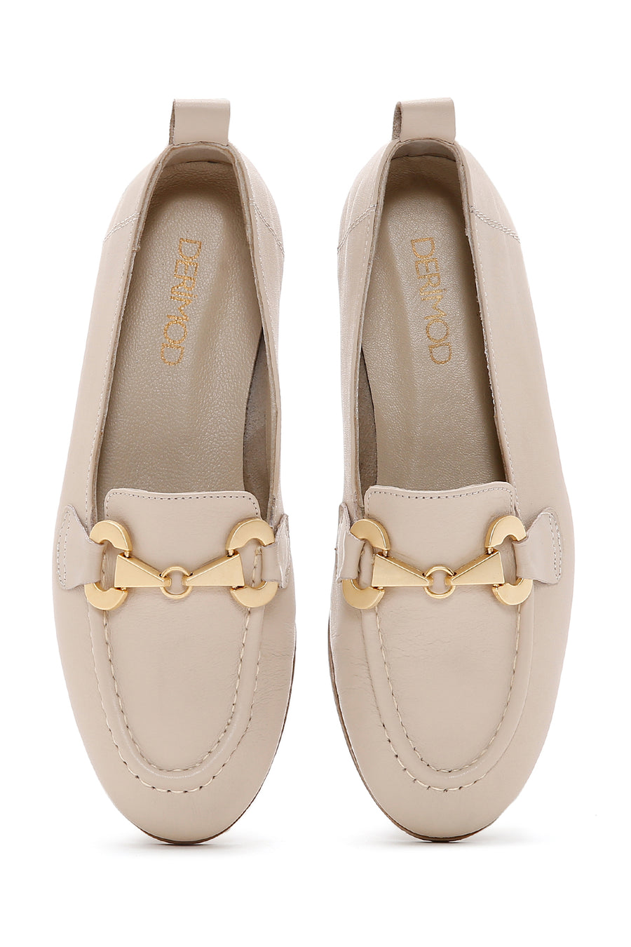 Kadın Bej Tokalı Deri Maskülen Loafer