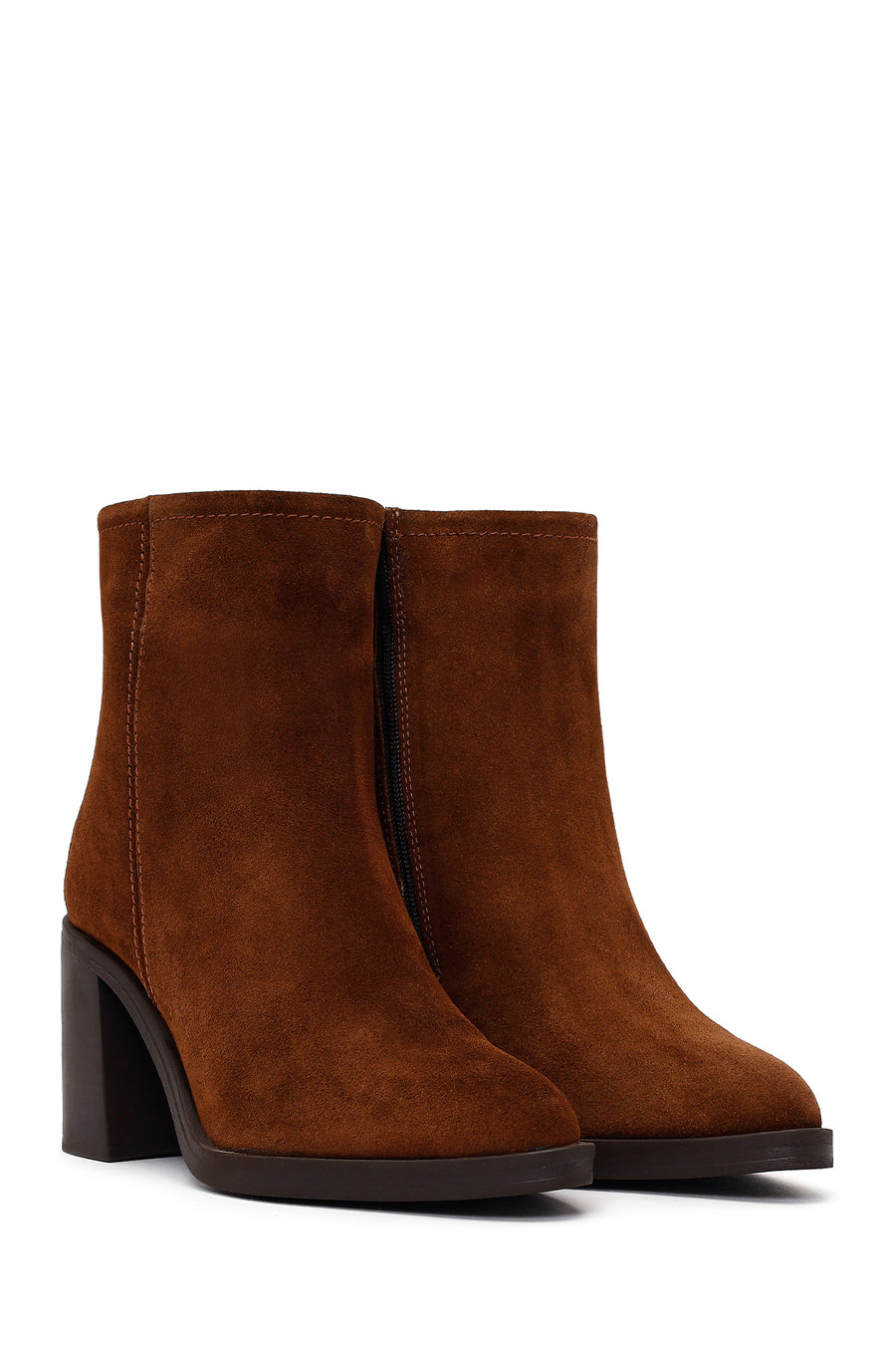 Woman Walnut Zip Closure Chunky Heeled Suede Boots