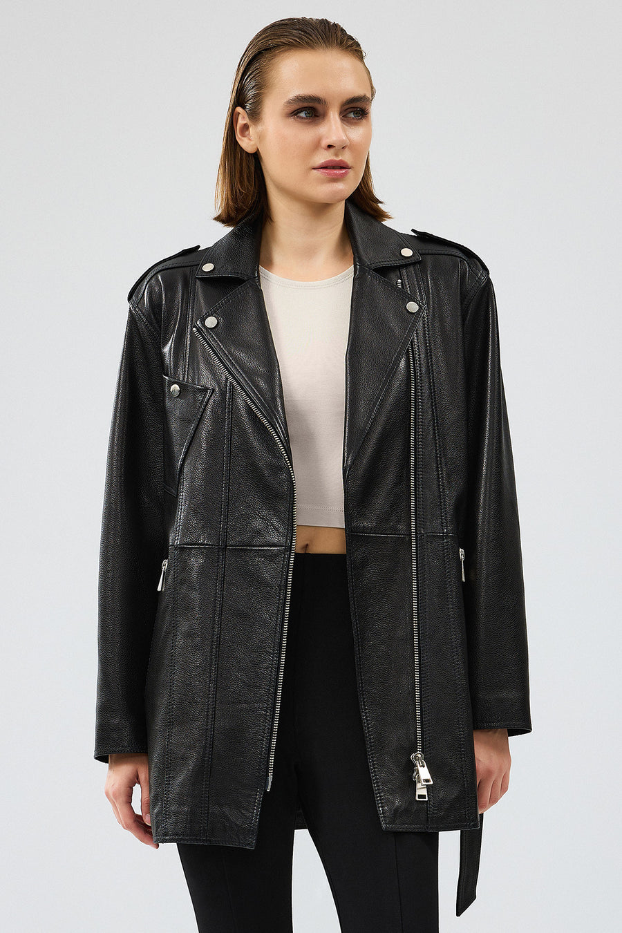 Venus Women's Black Double Breasted Leather Jacket