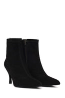 Woman Black Zip Closure Thin-Heeled Suede Boots | Derimod
