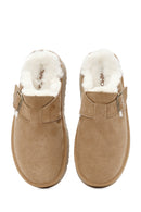 Women's Camel Thick-Soled Fur Detailed Suede Leather Slippers | Derimod