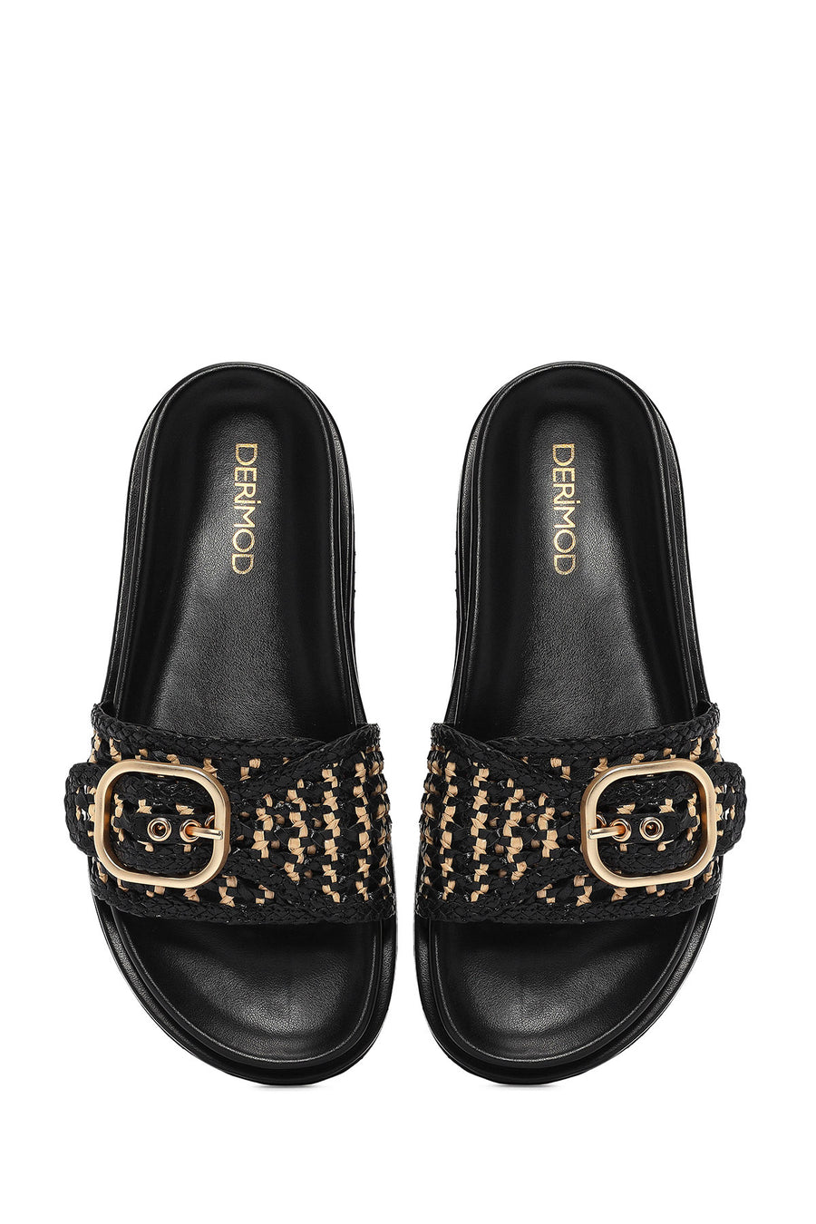 Women's Black Buckled Straw Leather Slippers