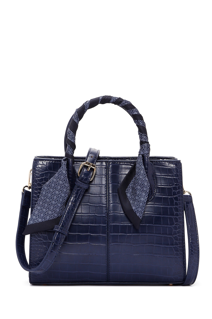 Women's Navy Blue Long Strap Crocodile Patterned Handbag with Accessory Detail 24SBD2719E3 | Derimod