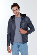 Towns Men's Blue Hooded Slim-Fit Sports Leather Jacket | Derimod