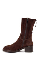 Woman Brown Zip Closure Chunky-Heeled Suede Leather Boots | Derimod