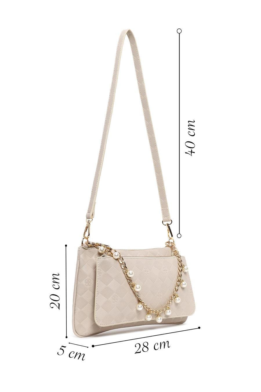 Woman Cream Long Strap Printed Clutch Bag