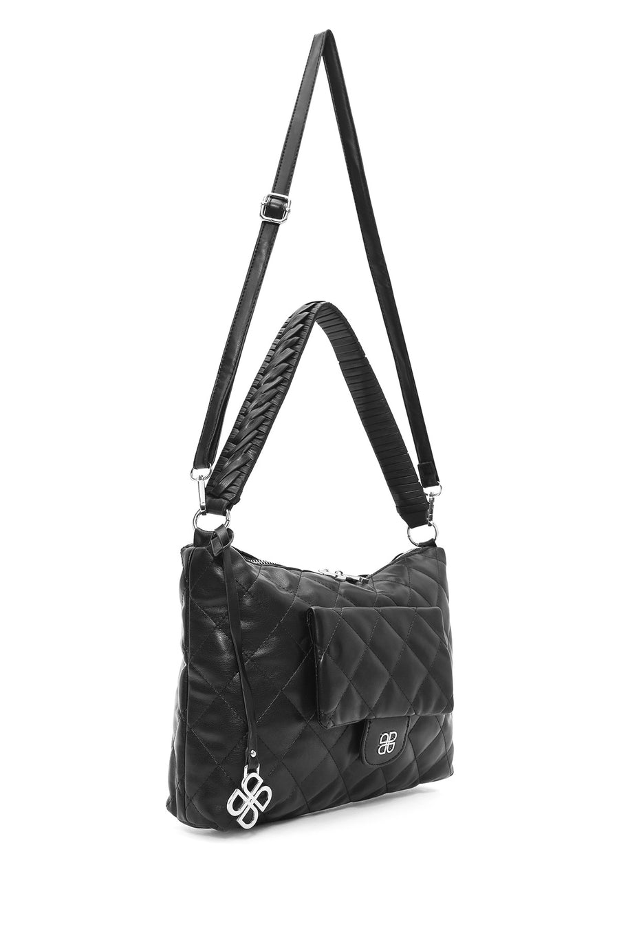 Women's Black Long Strap Quilted Patterned Shoulder Bag