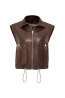 Edwina Women's Brown Leather Jacket with Removable Sleeves | Derimod