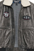 Hurricane Men's Grey Fur Collar Pilot Leather Jacket with Emblem | Derimod