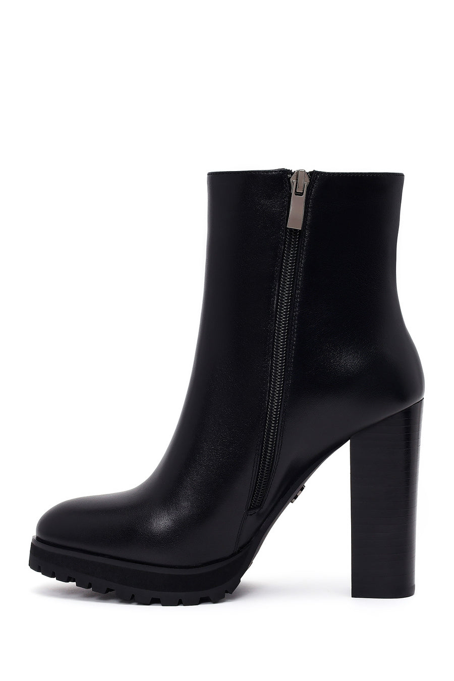 Woman Black Zip Closure High Thick-Heeled Leather Boots