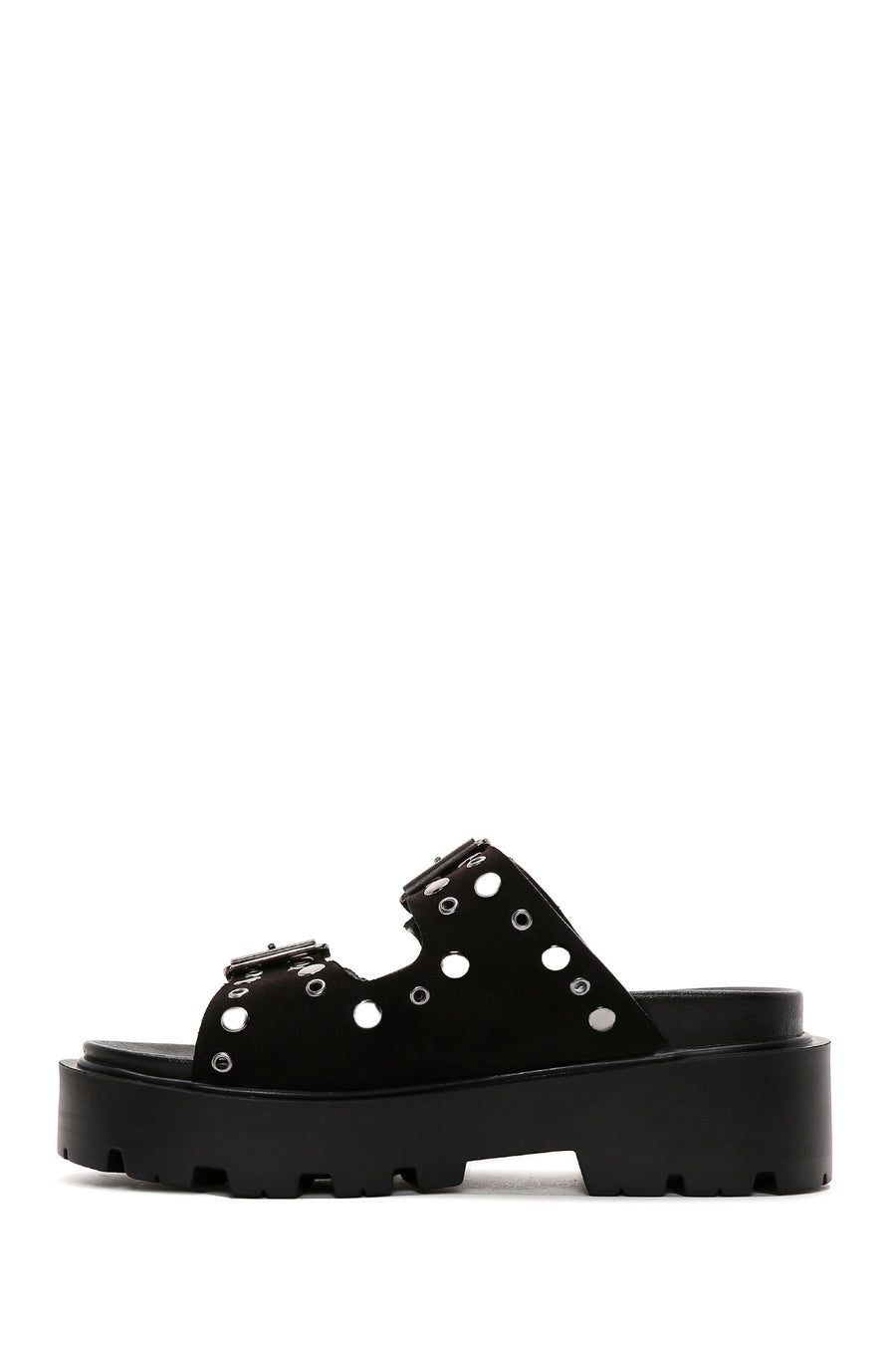 Women's Black Suede Double Buckle Thick Soled Slippers
