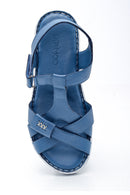 Women's Blue Leather Casual Flat Sandals | Derimod