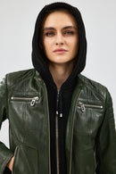 Zoom Women's Khaki Hooded Short Leather Jacket | Derimod