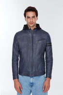 Towns Men's Blue Hooded Slim-Fit Sports Leather Jacket | Derimod