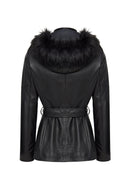 Rebecca Women's Black Fur Collar Leather Coat | Derimod