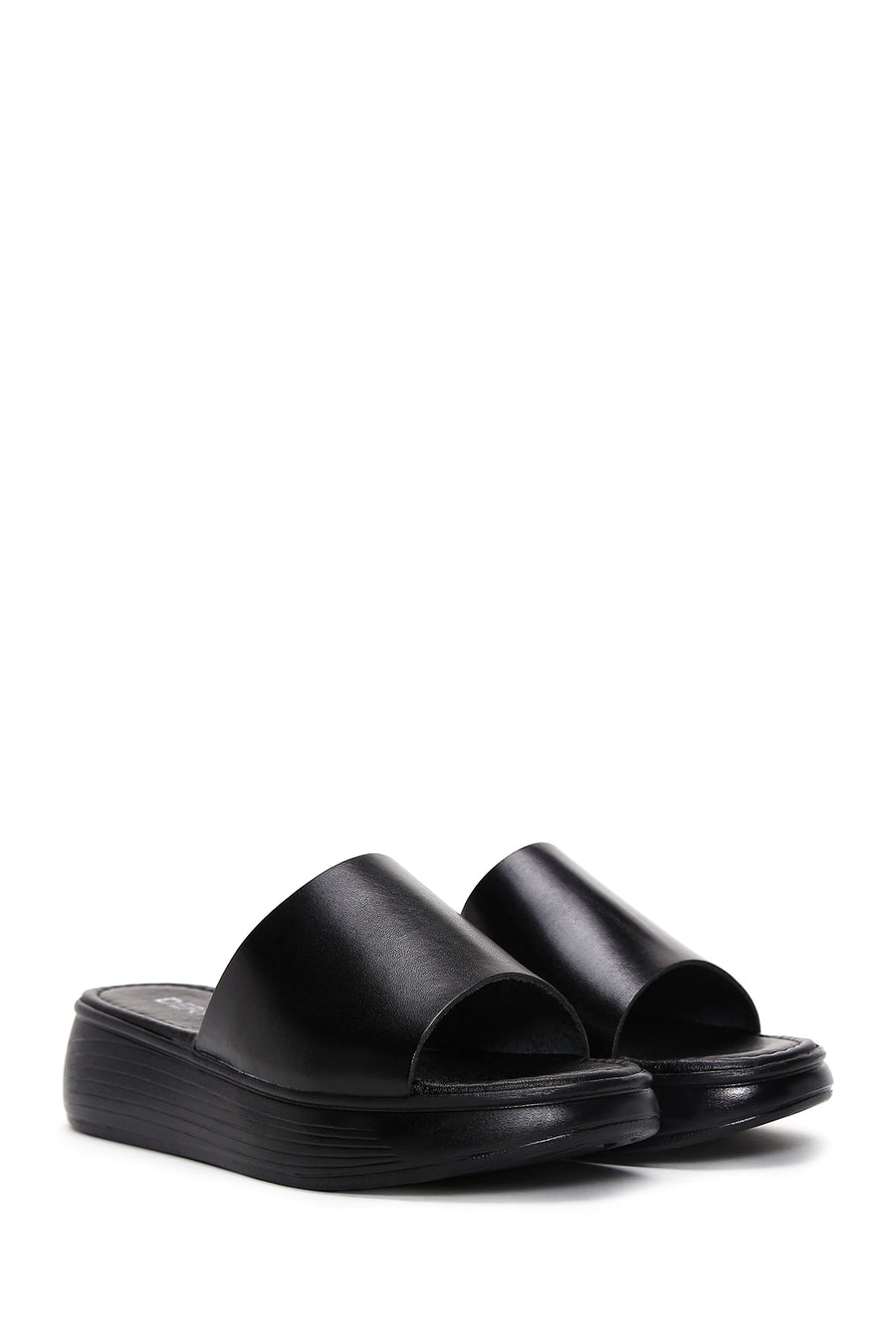 Women's Black Thick Soled Leather Slippers