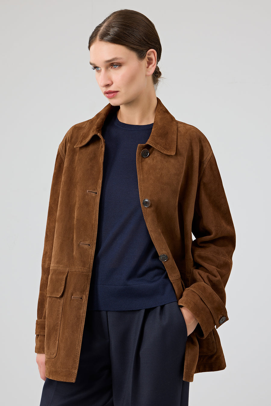 Petra Women's Brown Shirt Collar Oversize Suede Leather Jacket