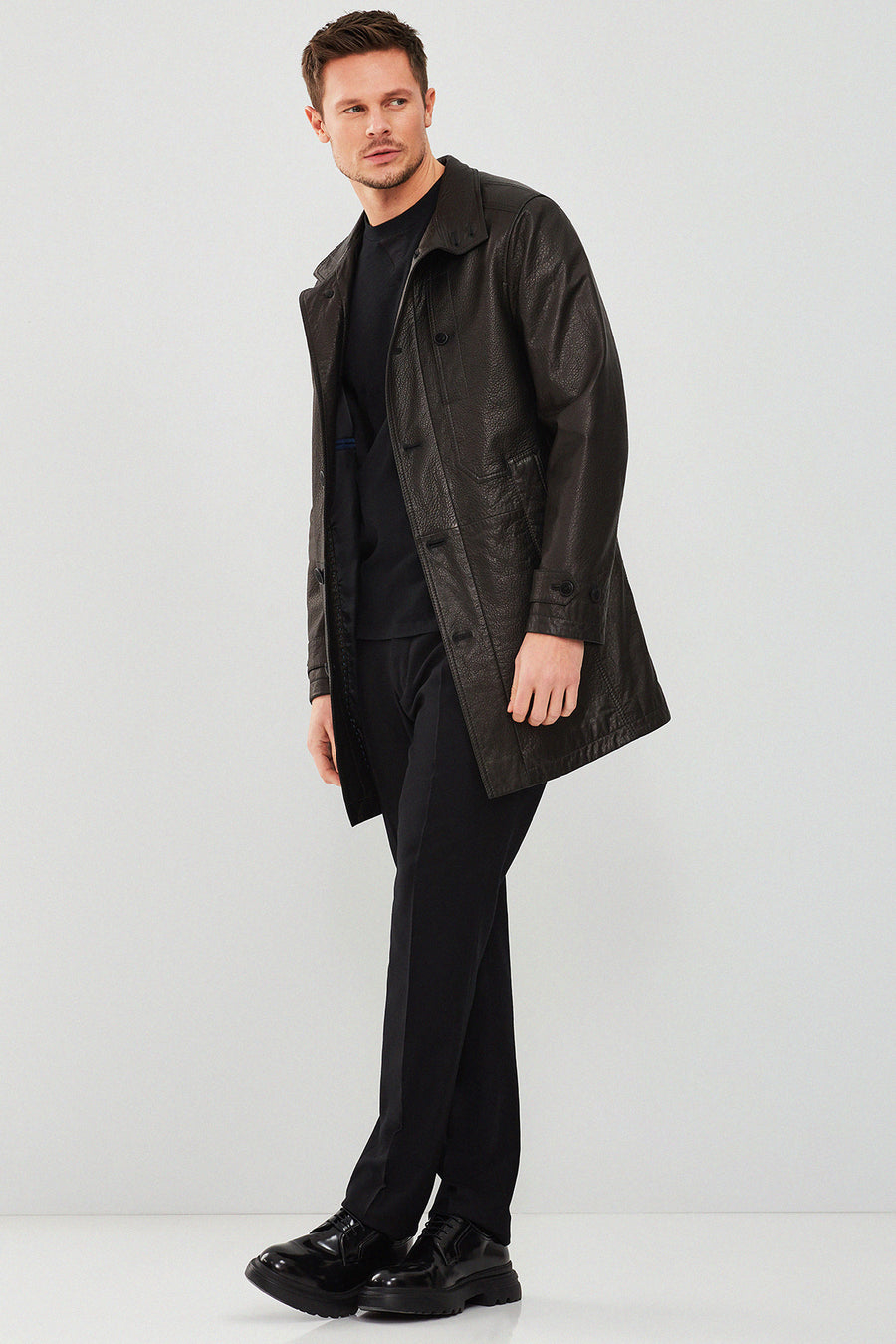 Ederson Men's Black Long Leather Trench Coat