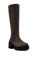 Women's Mink Zippered Thick Heel Suede Leather Boots | Derimod