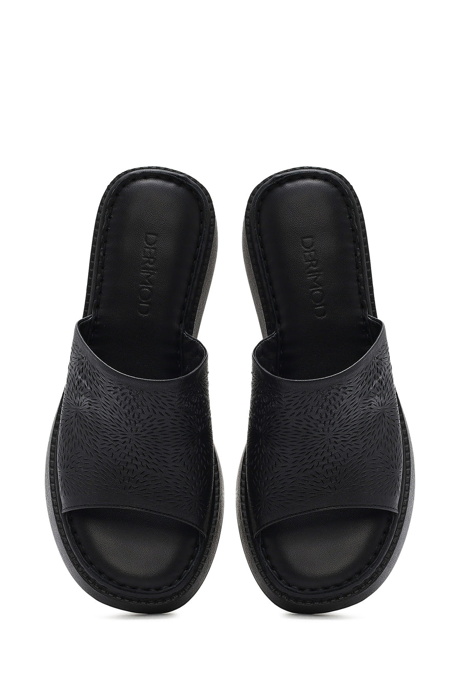 Women's Black Thick-Soled Printed Leather Comfort Slippers