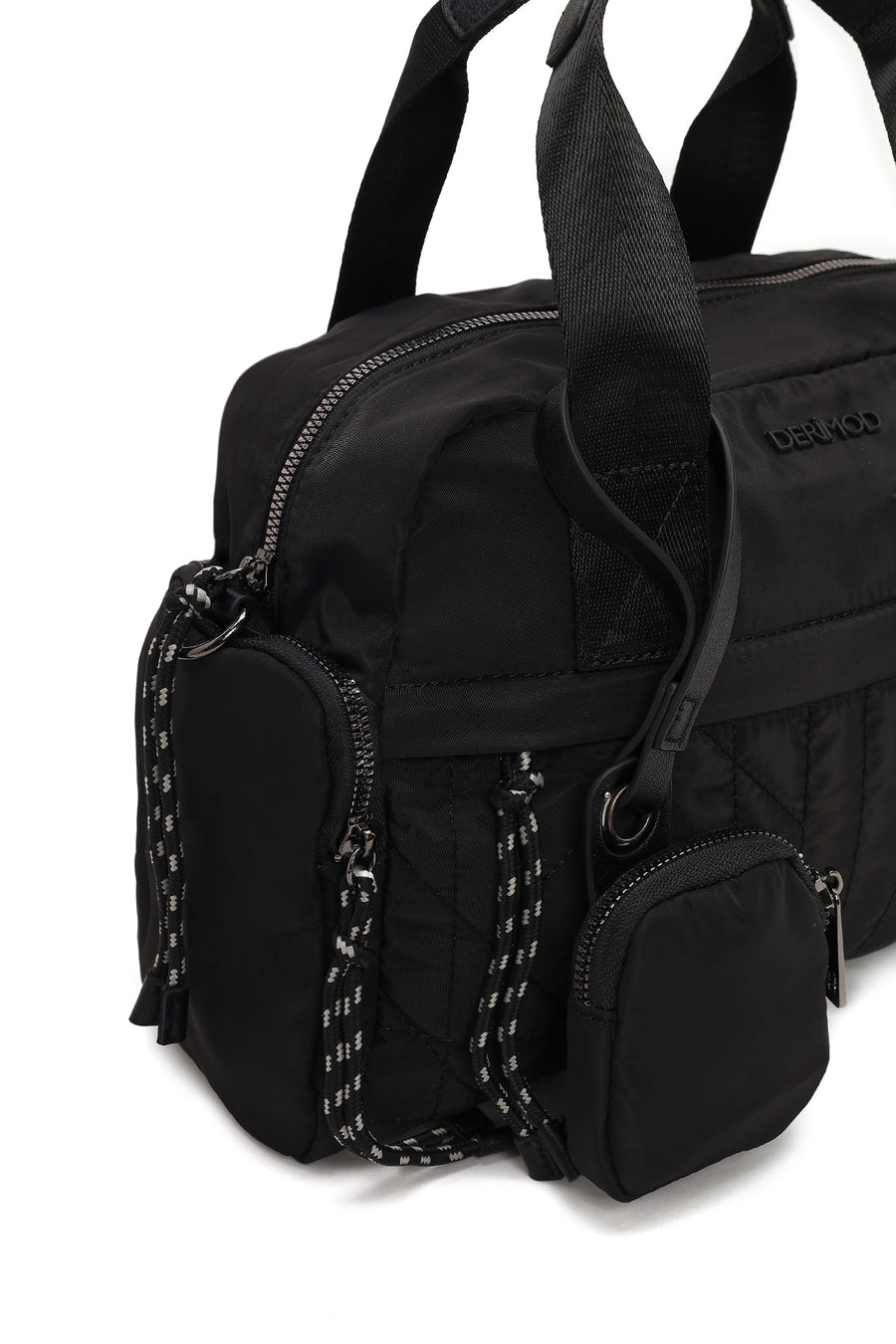 Woman Black Long-Strap Accessory-Detail Fabric Shoulder Bag