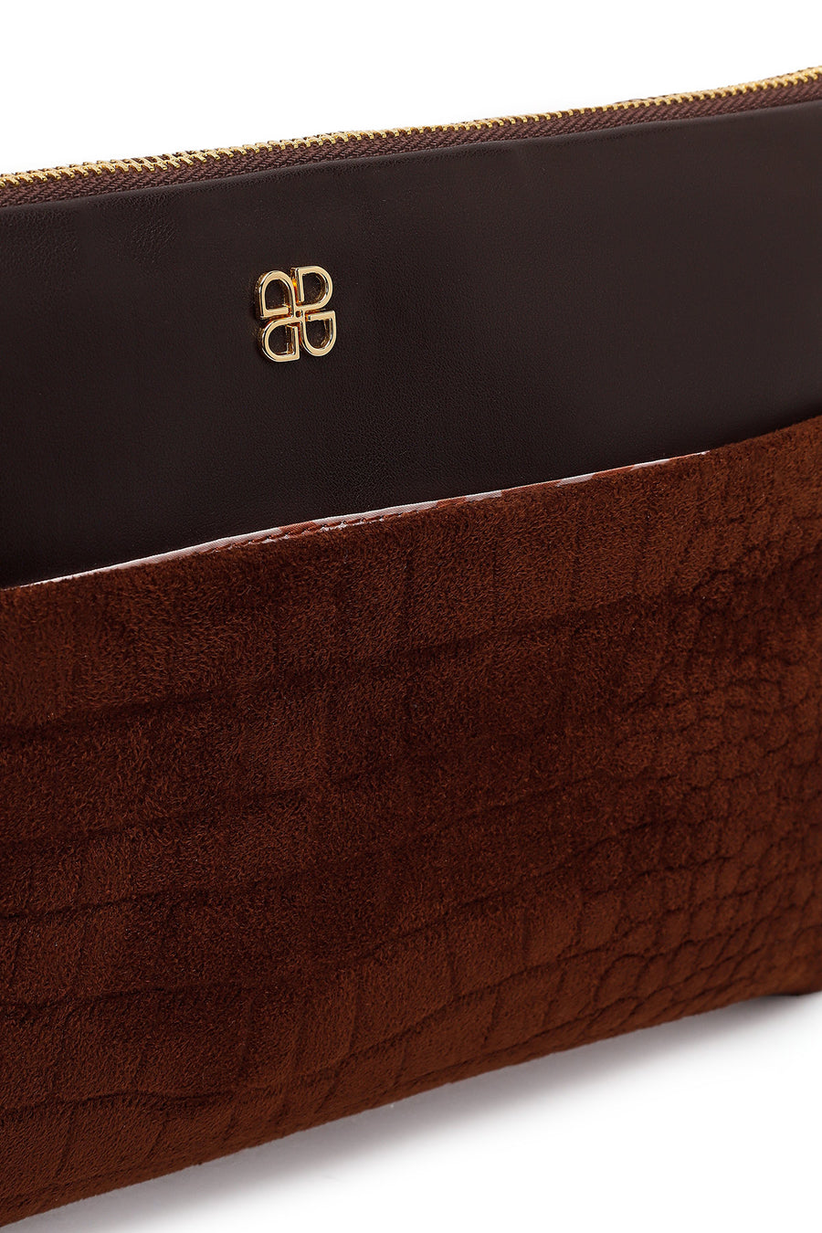 Woman Brown Suede Clutch Bag with Long Chain Strap