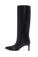 Woman Black Thin High-Heeled Leather Boots | Derimod