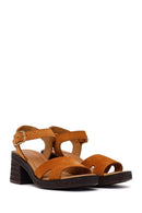 Woman Tan Ankle-Buckle Chunky-Heel Suede Sandal | Derimod