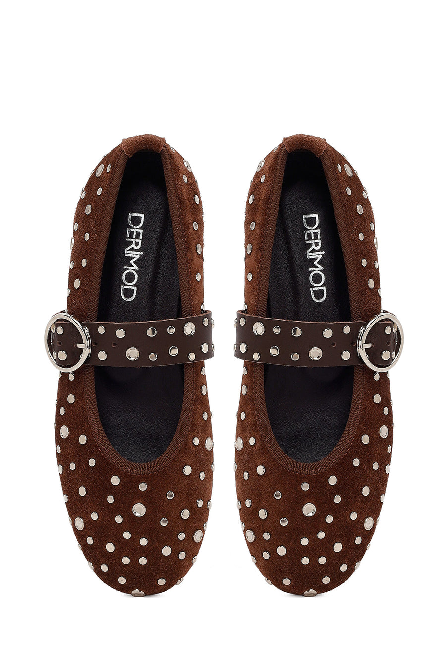 Woman Brown Strappy Studded Suede Leather Ballet Flat