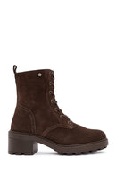 Women's Brown Zippered Thick Heel Nubuck Leather Boots | Derimod