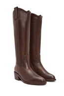 Women's Brown Chunky Heel Leather Cowboy Boots | Derimod