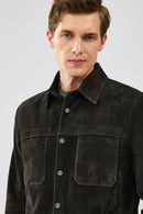 Enzo Men's Anthracite Shirt Collar Suede Leather Jacket | Derimod