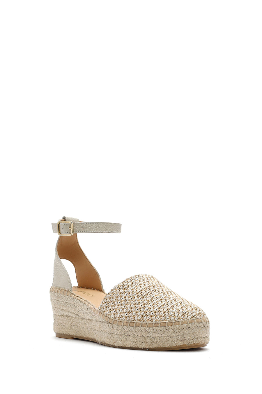 Women's Beige Buckle Ankle Wedge Heel Straw Leather Espadrille Sandals