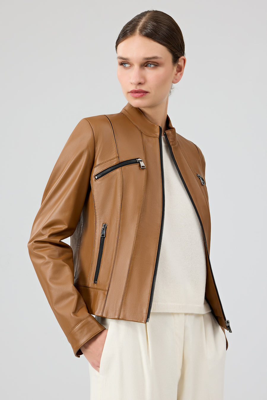 Linda Women's Camel Short Leather Jacket