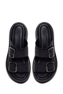 Woman Black Double-Buckle Thick-Soled Leather Comfort Slippers | Derimod