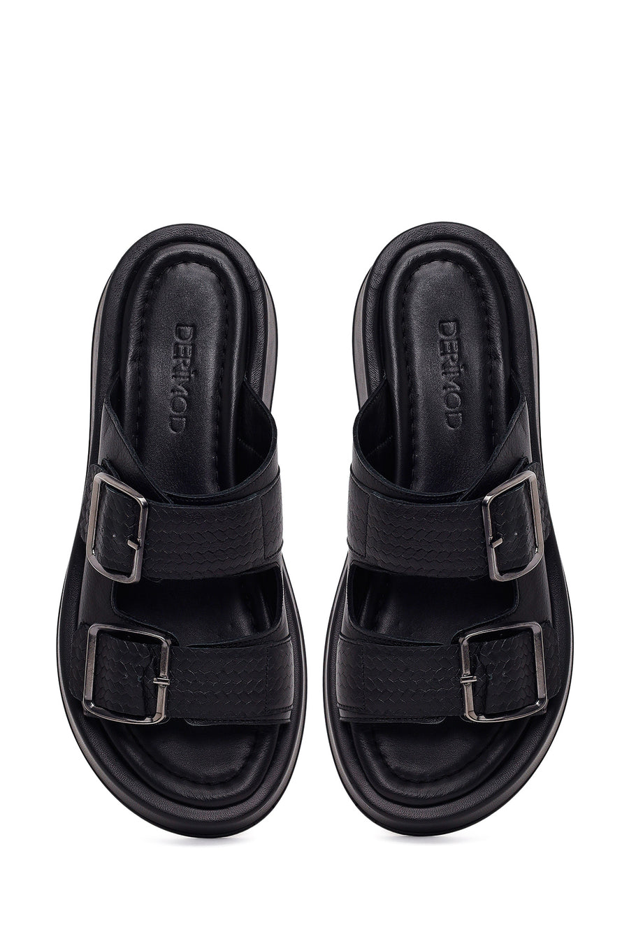 Woman Black Double-Buckle Thick-Soled Leather Comfort Slippers