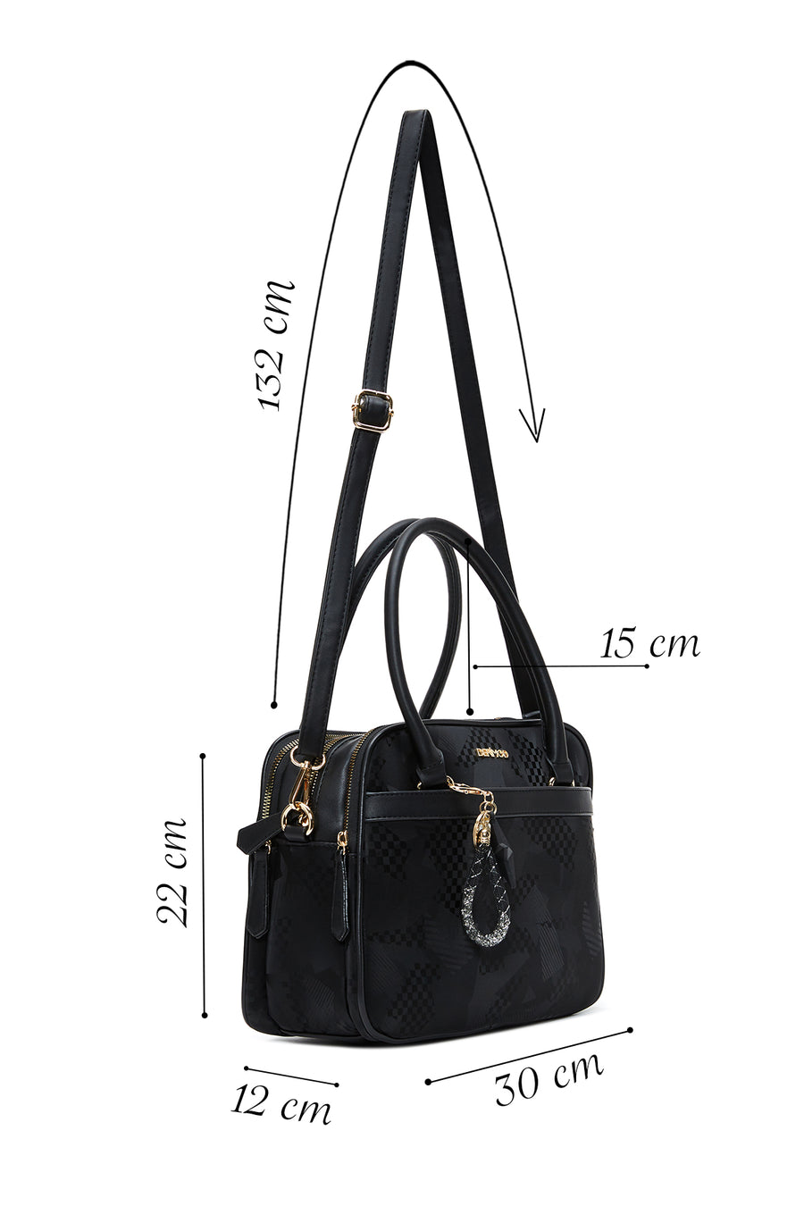 Women's Black Long Strap Accessory Detailed Printed Handbag