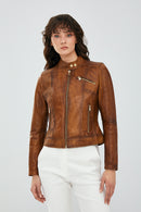 Kylie Women's Camel Short Leather Jacket | Derimod