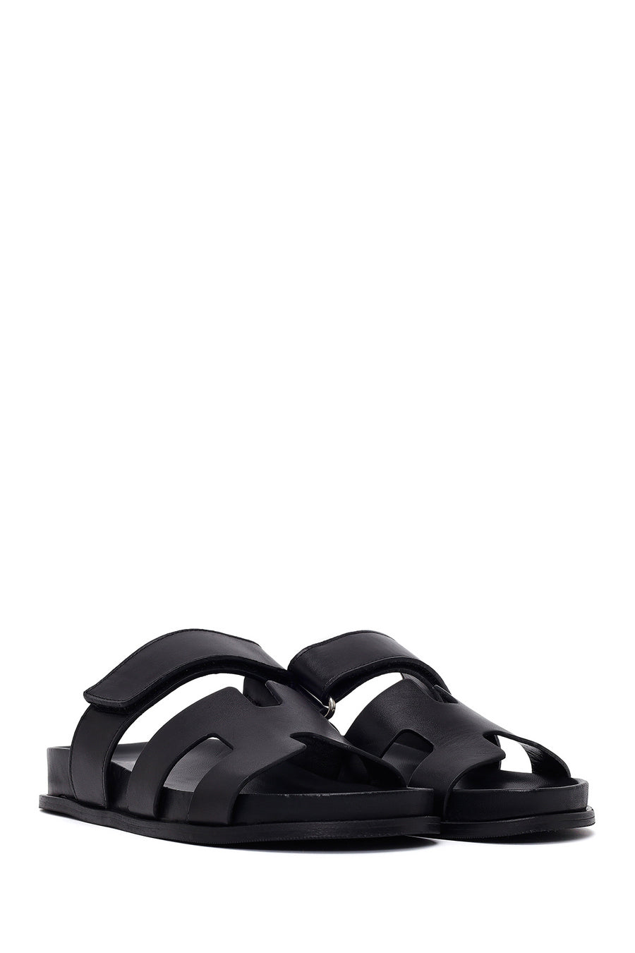 Woman Black Strap Thick Sole Leather Slipper