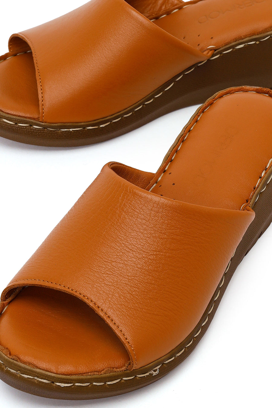 Woman Tan Wedge Heel Leather Comfort Slipper