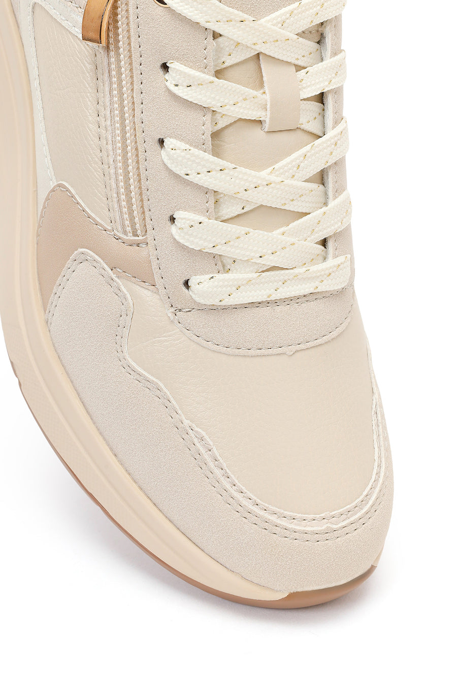 Kadın Bej Yandan Fermuarlı Bağcıklı Kalın Tabanlı Sneaker
