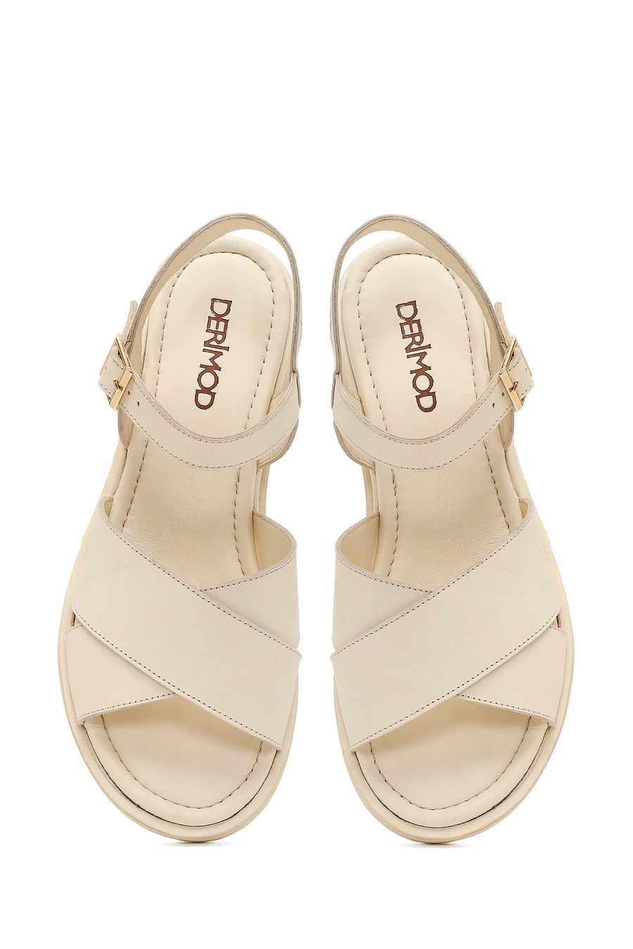 Woman Cream Ankle-Buckle Wedge Leather Sandals